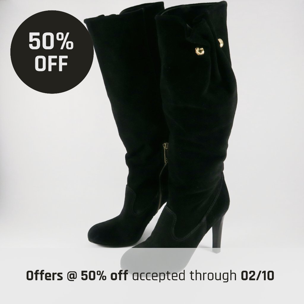 Tory Burch Black Suede Knee-High Heeled Boots With Gold Accents